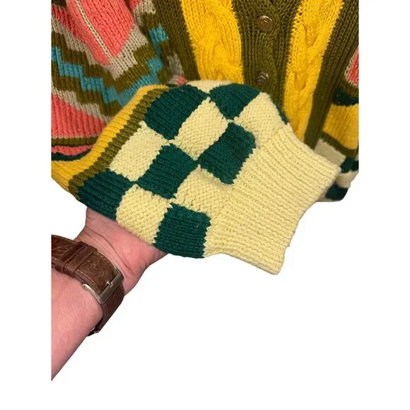 Vintage Handknit Chunky Knit Like Coogi Cardigan Sweater L Cotton Multicolor - Picture 9 of 9